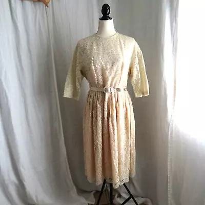 Vintage L'Aiglon 1960's Women's Dress Beige Lace Lined Size M - L  • $39.60