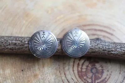 Stamped Sterling Silver MAN IN THE MAZE Round Puffed Domed Earrings Navajo • $64.99