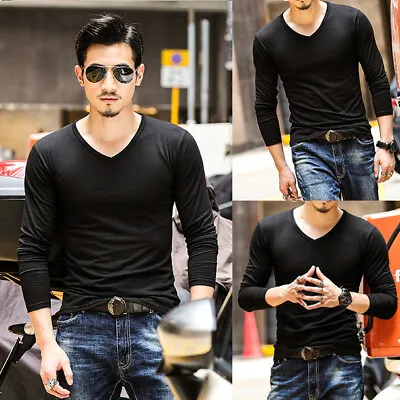 $12.59 • Buy Men's Fashion Workout V Neck Long Sleeve Casual Top Muscle Slim Fit T-Shirt Tee