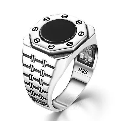 925 Sterling Silver Round Cut Black Onyx Stone Screw Design Men's Ring • $44.90