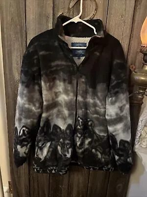 The Bear Trading Co. Wolf Aztec Jacket Large Fleece  Sherpa  Lined Wildlife • $39.95