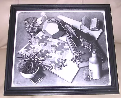 M.C. Escher Lizards Print Framed Etching 1943 Alligator Iguana Black White 14x13 • $29.99