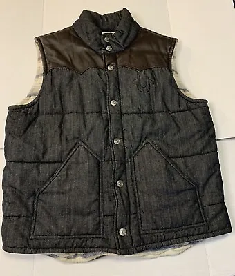 Men's True Religion Black 3XL Button Up Puffer Vest Leather Flannel Lined • $39.99