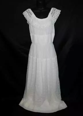 Vintage 70s Joy Stevens S M White Empire Maxi Dress Lace Off Shoulder Boho • $74.99