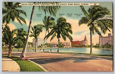 Miami Florida - Indian Creek Drive Pancoast Lake & Hotels - Vintage Postcard • $4.59