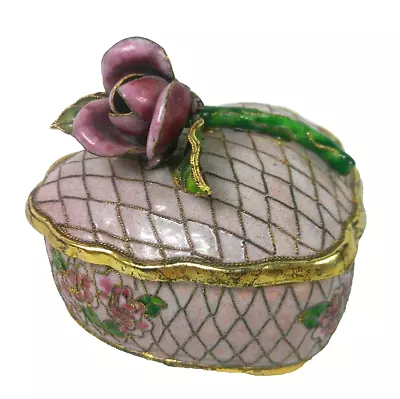 Vintage Cloisonne Enamel Gold Roses Gold Pink Inside Heart Shape Trinket Box • $32.99