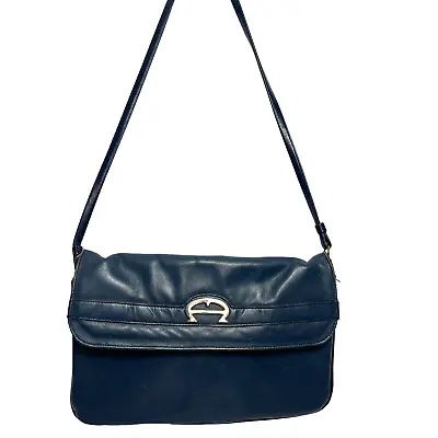 Etienne Aigner Handbag Vintage 80s Navy Leather Handmade Fold Over Shoulder Bag • $24.88