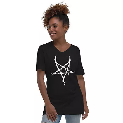 White Melting Inverted Pentagram Black Metal Unisex Short Sleeve V-Neck T-Shirt • $27.67