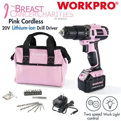 $85.99 • Buy WORKPRO Pink Cordless 20V Lithium-ion Drill Driver Set 1 Battery Charger Bag NEW