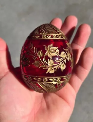 VTG Russian Faberge Ruby Red And Gold Etched Art Glass Egg Hand Finish • $29.99