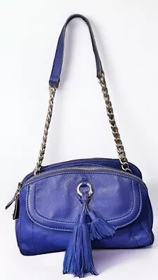 B Makowsky Royal Blue Leather Satchel Handbag Tote Silver Metal Chain Cheetah EC • $48.99