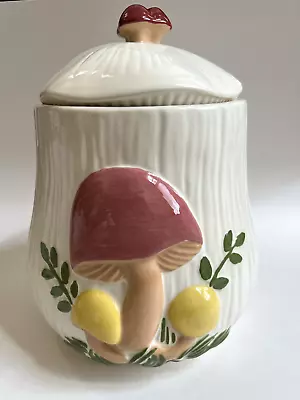 Mushroom Ceramic Canister Cookie Jar 10.5  Tall Brown Yellow Tan Vintage • $25