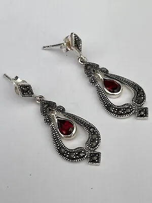 925 Sterling Silver Marcasite Garnet  Drop Dangle Earrings Length 3.4cm • £17