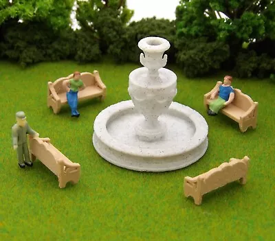 5 Pc Roman Fountain Set - HO Scale Marble Fountain With 4 Wooden Benches • $12.97