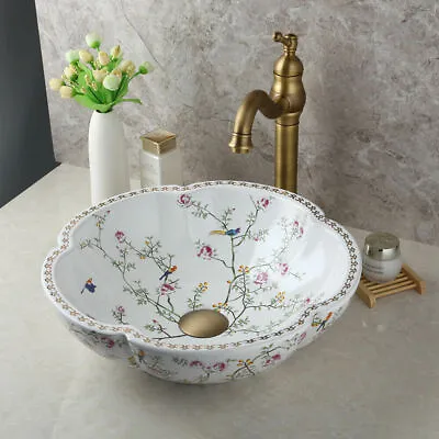 Bathroom Ceramic Basin Bowl Vessel Sinks Antique Brass Mixer Faucet Drain Combo • £215