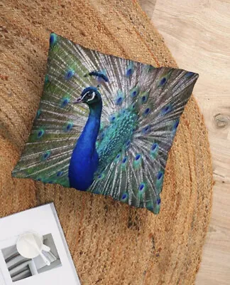£5.99 • Buy Green & Blue Peacock Feather TROPICAL PRINT  CUSHION COVER 45 X 45 Room Decor