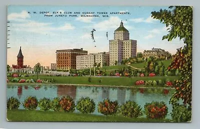 N.W. Depot Elk's Club And Cudahy Tower Apartments MilwaukeeWisconsin Postcard • $5.80