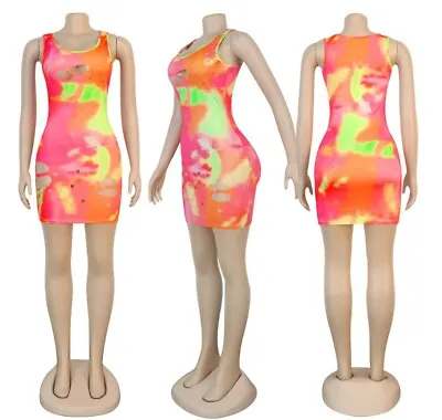   Women Summer Sleeveless Hole O-Neck Bodycon Bandage Party Club Mini Dress #T • $15.88