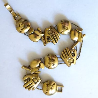 Baseball Softball Bracelet Slide Charm Gold Tone Glove Helmet Ball Vintage 90s • $12.73