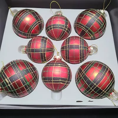 8pc Martha Stewart Red Black Gold Glitter Tartan Plaid Christmas Glass Ornaments • $47.99