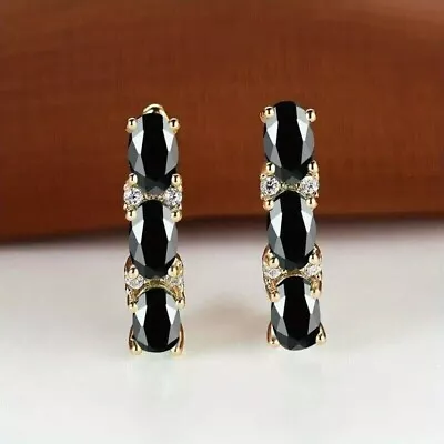 2Ct Oval Lab-Created Black Spinel Hoop Pretty Earrings 14K Yellow Gold Plated • $77.99