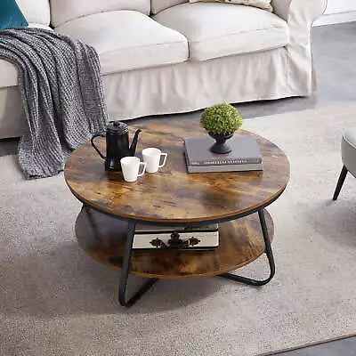 Round Coffee Table With Open Storage 38.5  Wood Sofa Table Rustic Accent Table  • $106.66