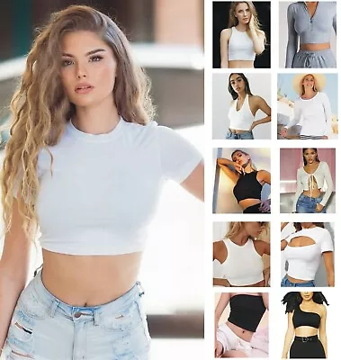 £4.96 • Buy Womens Cap Sleeve Crop Top Ladies Round Neck Stretchy Vest T Shirt Blouse Tee
