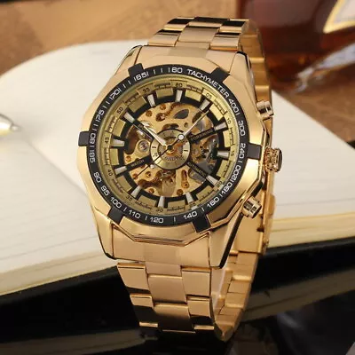 Auto Mens Classic Mechanical Self-winding Skeleton Stainless Steel Wrist Watch • $19.99