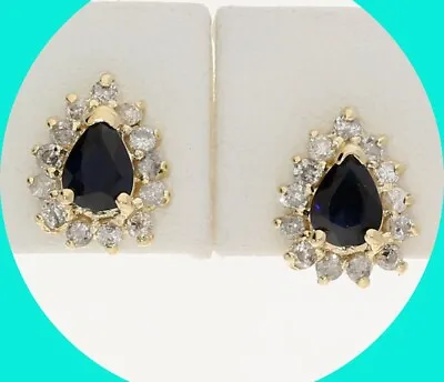 Diamond Sapphire Teardrop Halo Earrings 1.0CT 14K YG 3/8” Long • $250