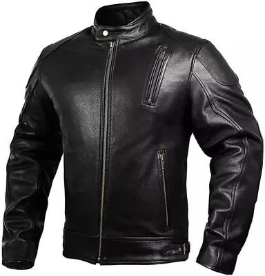 Leather Motorcycle Jacket With Armor For Men Cafe Racer Genuine Leather Jacket  • $78.99