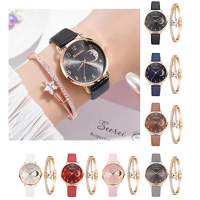 Watch And Bracelet Set Ladies Women Girls Fashion Leather Strap Wristwatch Gift • $13.82