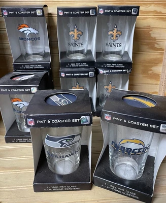$20 • Buy NFL 16oz Pint Glass & 4 Coasters Set Broncos Saints Chargers Seahawks