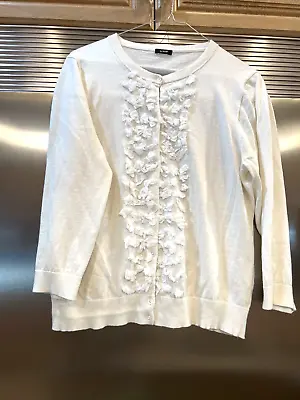 J. CREW SWEATER FINE KNIT CARDIGAN IVORY WHITE RUFFLED Bows Down Front BUST 36  • $10.99