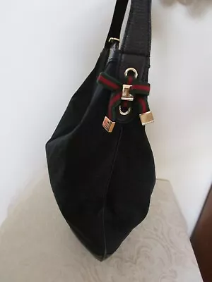 Vintage Gucci Signature Black Canvas Hobo Bag Green Red Strap Large Italy • $350