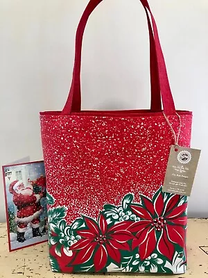 Christmas Poinsettia Pine Cone California Hand Print Vintage Tablecloth Tote Bag • $57