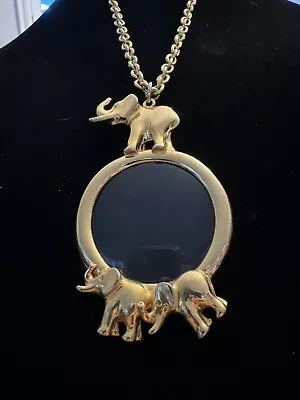 Vintage Gold Tone Elephant Pendant Magnifying Glass 36  Long Necklace  • $28