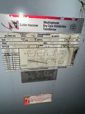 75.00 KVA Cutler Hammer Dry Type Transformer 480D-208Y/120 Volt 3 Phase • $600