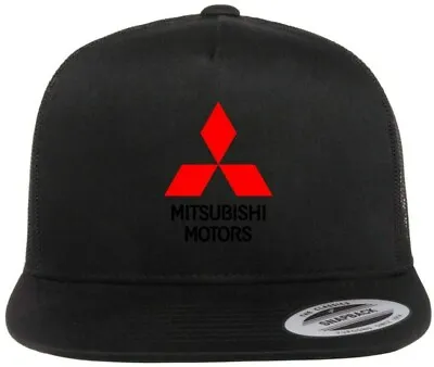 Mitsubishi Car Auto Logo Emblem Printed Black Hat Flat Bill Yupoong Trucker Cap • $22.99