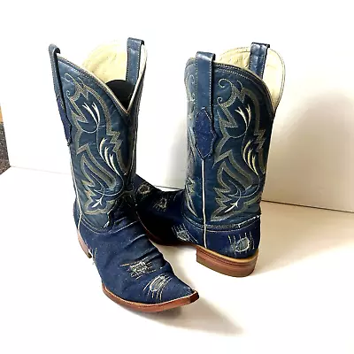 White Diamonds Boots Mens US 8 MEX 27 Leather Denim Cowboy Western Rocker Extend • $68.39