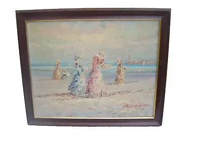 Vintage Oil Painting Framed Edwardian Ladies Sea Beach Signed Large 23x19'' • £68