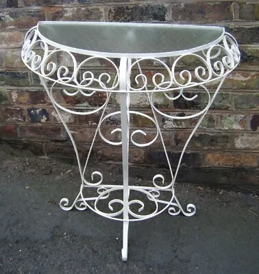 £31.50 • Buy Vintage Wrought Iron Table Hall Scroll Half Moon Console Glass Top 1950's