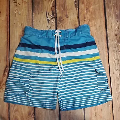 Merona Mens Swim Trunks Size XL Lined Auqa Blue And Yellow Striped Cargo Pockets • $9.99