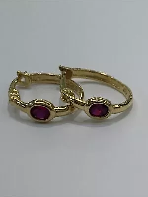 18ct 18K Yellow Gold Round Hoop Earrings With Created Red Rubies 18mm 3.53 Grams • £364.09