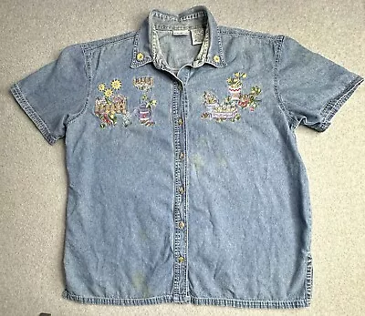 VINTAGE Bobbie Brooks Shirt Women 14W 16W Blue Jean Denim Flowers Garden Ladies • $10.49