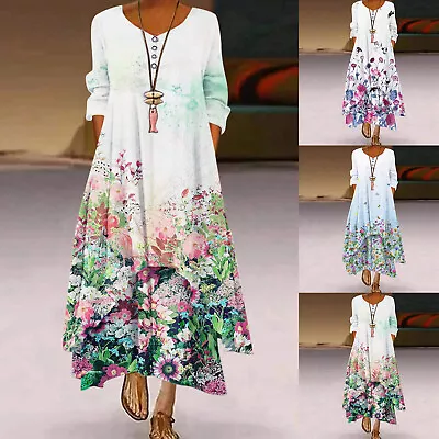 Womens Maxi Dress Plus Size Dress Print Loose Long Sleeve Bohemian Beach Dress • $29.95