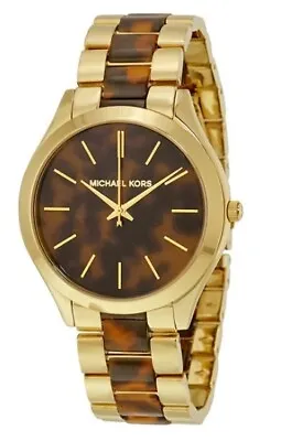 Michael Kors Mk4284 Slim Runway Tortoise Shell Dial Gold Stainless Womens Watch • $89.99