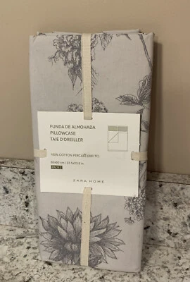 $28.50 • Buy Zara Home Gray Floral Cotton Percale Pillowcases Set Of 2 - 60x60cm, 23.5x23.5”