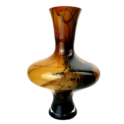 Makora Krosno Poland Hand Blown Glass Vase Swirled Brown Orange 11 Inches Tall • $36.94