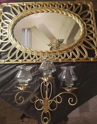 VTG Home Interior Burwood Type Hanging Mirror & Brass 3 Sconce Wall Hanging • $64.99