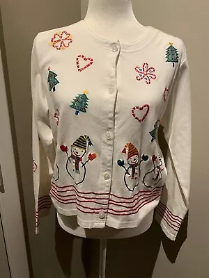 Michael Simon Lite Winter Christmas Embroidered Snowmen White Cardigan Size PM • $38